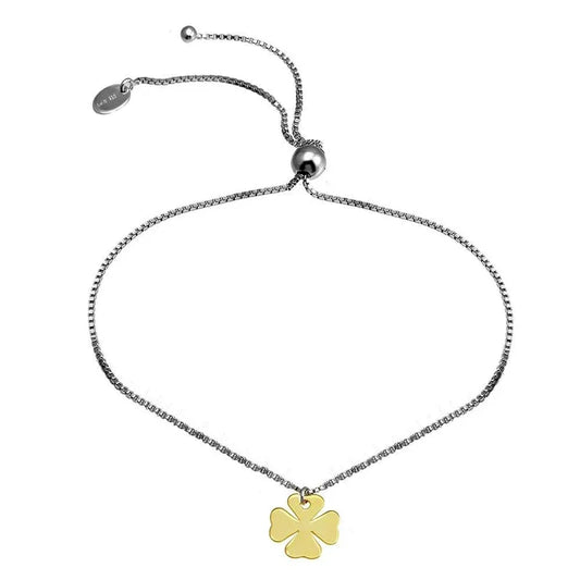Rhodium Plated 925 Sterling Silver Lariat Bracelet with Gold Plated Clover Charm