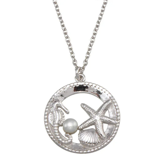 Rhodium Plated 925 Sterling Silver Seahorse, Starfish, Clam, and Pearl Pendant Necklace
