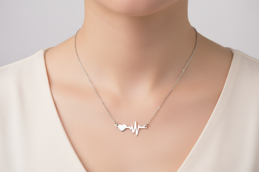 Rhodium Plated 925 Sterling Silver Heart and Heartbeat Pendant Necklace