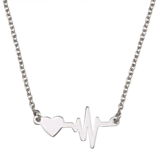 Rhodium Plated 925 Sterling Silver Heart and Heartbeat Pendant Necklace