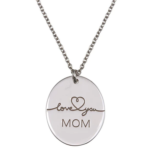 Silver Rhodium Plated Necklace engraving Love You Mom Oval Disc