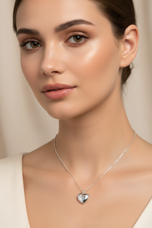 Rhodium Plated 925 Sterling Silver Heart with CZ Necklace