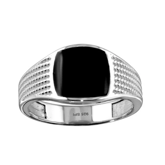 Sterling Silver Ring with Onyx on top and Rope design in Shank, 925