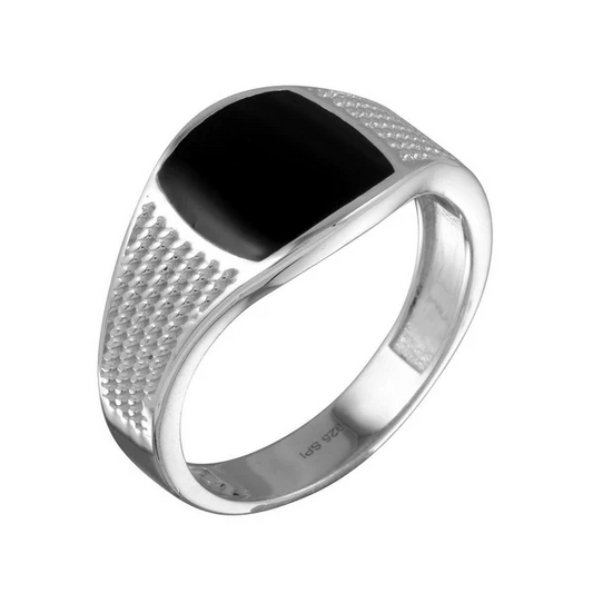 Sterling Silver Ring with Onyx on top and Rope design in Shank, 925