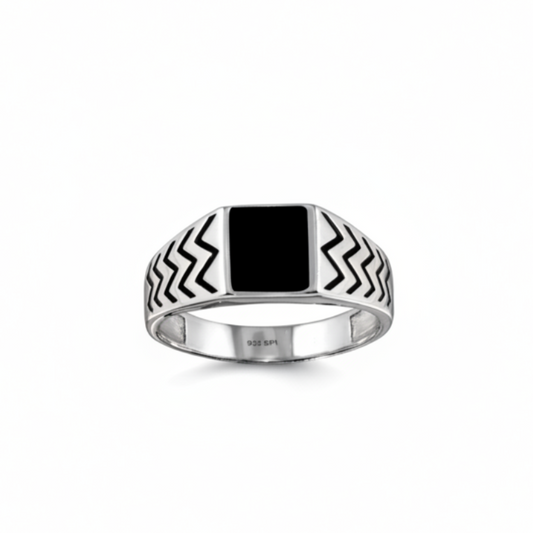 925 Sterling Silver Rhodium-Plated Black Enamel Zig-Zag Ring
