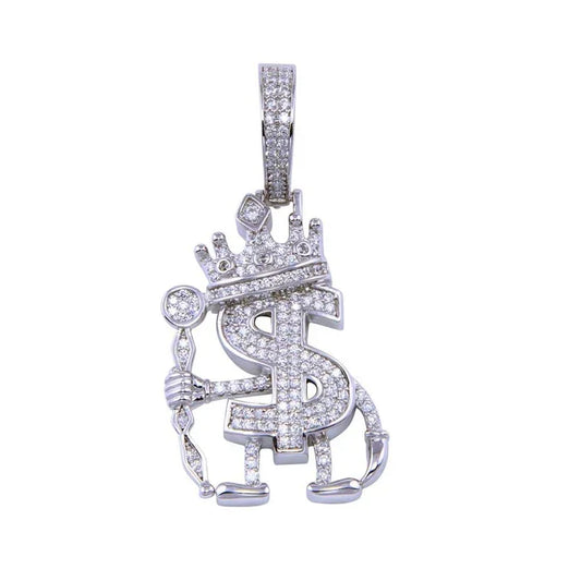 Rhodium Plated 925 Sterling Silver CZ Dollar King Pendant