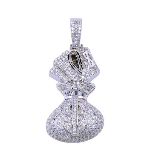 Rhodium Plated 925 Sterling Silver CZ Bag of Cash Pendant