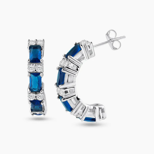Silver Rhodium Plated Crescent Blue Baguette CZ huggie hoop Earrings