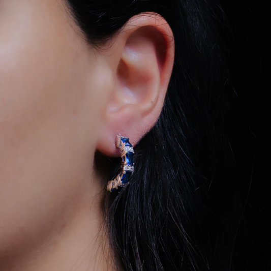 Silver Rhodium Plated Crescent Blue Baguette CZ huggie hoop Earrings