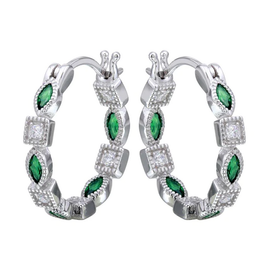 Silver Rhodium Plated Hoop Earring ,Inner and Outer Green Clear CZ