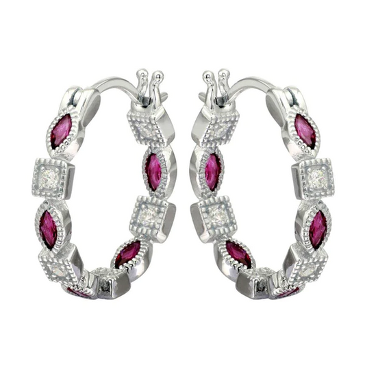 Silver Rhodium Plated Inner and Outer Red Clear CZ Hoop Earrings