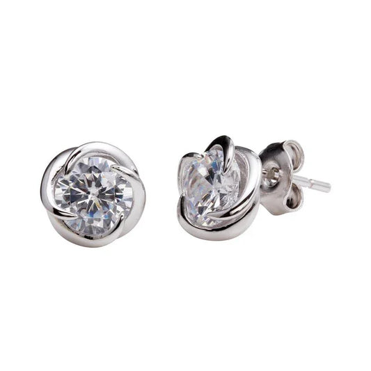 Rhodium Plated 925 Sterling Silver Stud Rose Earrings with CZ Center