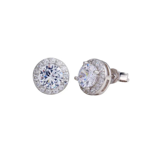 Rhodium Plated 925 Sterling Silver CZ Stud Halo Earrings