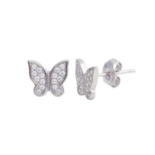 Rhodium Plated 925 Sterling Silver Butterfly CZ Stud Earrings