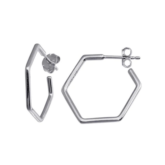 Silver Rhodium Plated Large Hexagon Semi Hoop Earrings