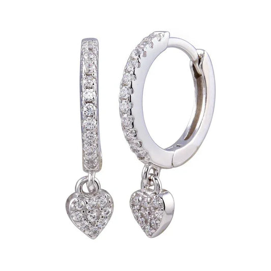 Rhodium Plated 925 Sterling Silver Dangling CZ Heart huggie hoop Earring