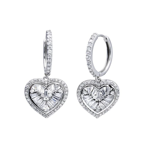 Silver Rhodium Plated Hoop Dangling Heart Earrings