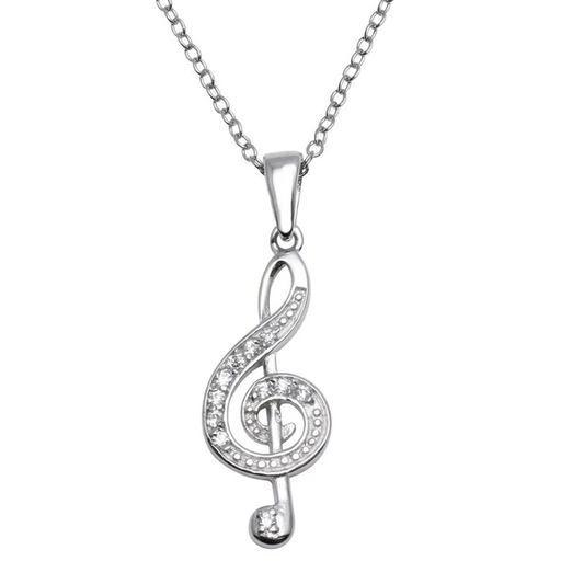 Silver Rhodium Plated Treble Clef Pendant Necklace