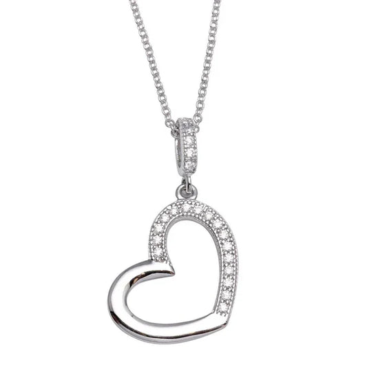 Rhodium Plated 925 Sterling Silver Open Heart Necklace with CZ