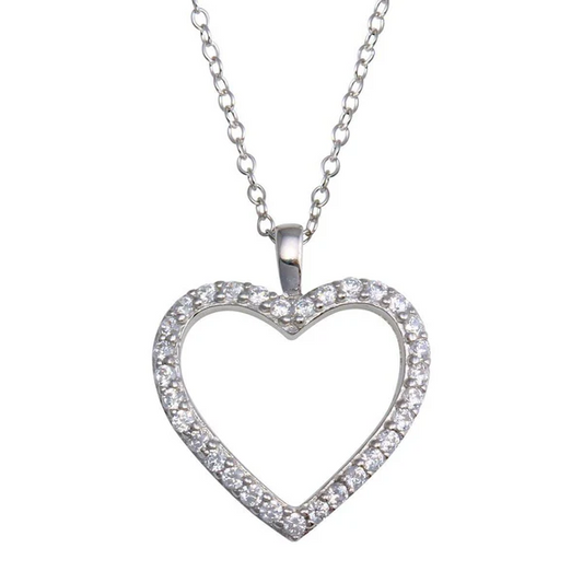 Sterling Silver 925 Necklace with Heart pendent set with Cubic Zirconia, Adjustable Chain 16 to 18 Inches