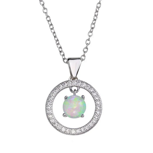 Rhodium Plated 925 Sterling Silver Open Circle Pendant Necklace with Synthetic Opal