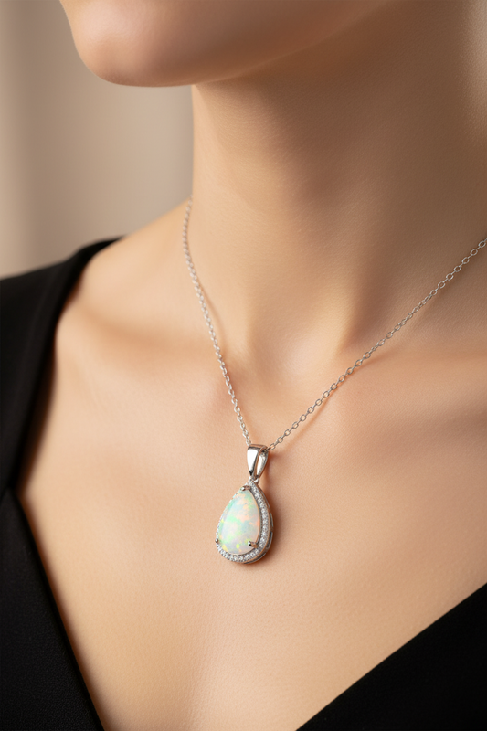 Rhodium Plated 925 Sterling Silver Teardrop Synthetic Opal Pendant Necklace with CZ