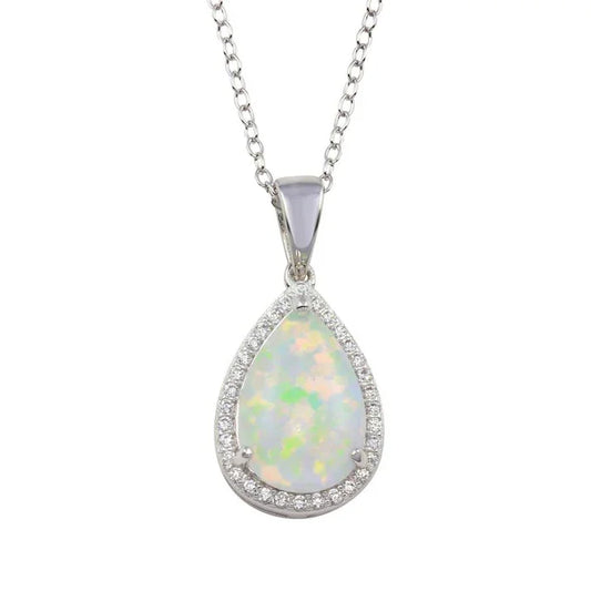 Rhodium Plated 925 Sterling Silver Teardrop Synthetic Opal Pendant Necklace with CZ