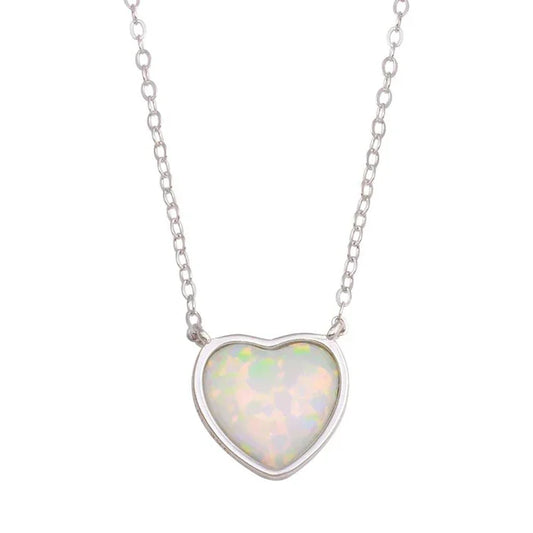 Rhodium Plated 925 Sterling Silver Heart Synthetic Opal Necklace with CZ