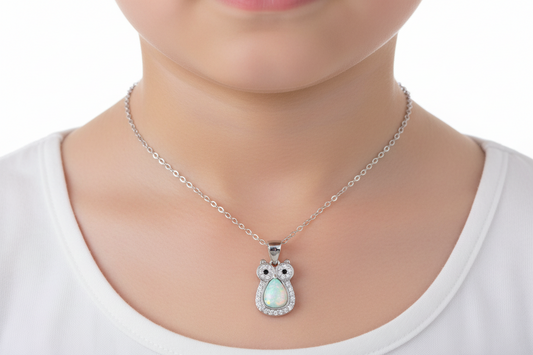 Rhodium Plated 925 Sterling Silver Owl Synthetic Opal Necklace with CZ