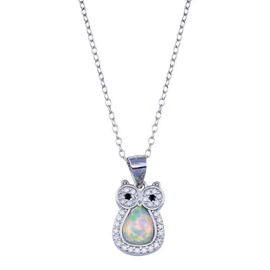 Rhodium Plated 925 Sterling Silver Owl Synthetic Opal Necklace with CZ