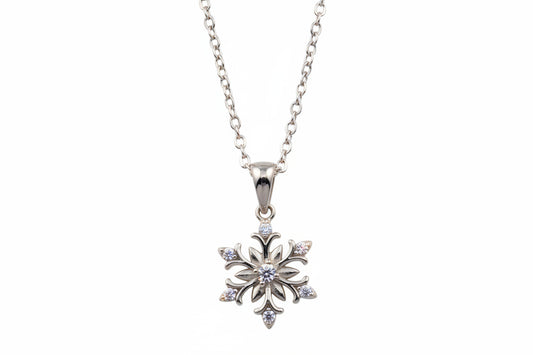 925 Sterling Silver Rhodium Plated Snow Flakes CZ Necklace