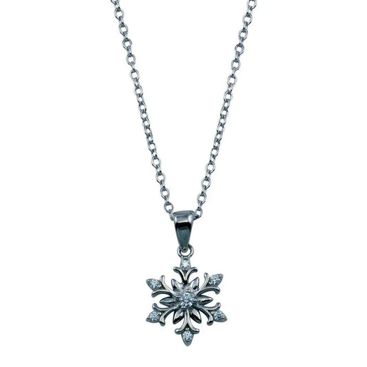 925 Sterling Silver Rhodium Plated Snow Flakes CZ Necklace