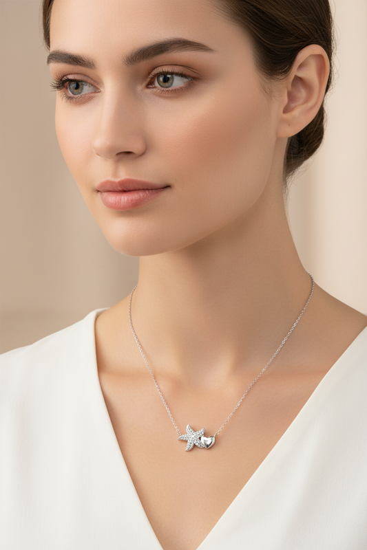 Rhodium Plated 925 Sterling Silver Starfish Heart CZ Necklace