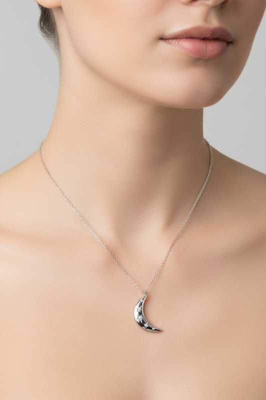 Rhodium Plated 925 Sterling Silver Moon CZ Necklace