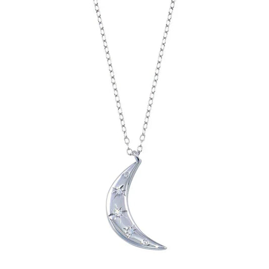 Rhodium Plated 925 Sterling Silver Moon CZ Necklace