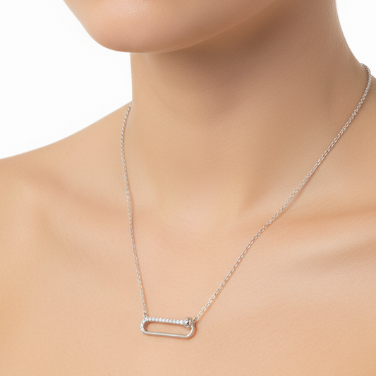 Sterling Silver Rhodium-Plated Sterling Silver CZ Paperclip Necklace