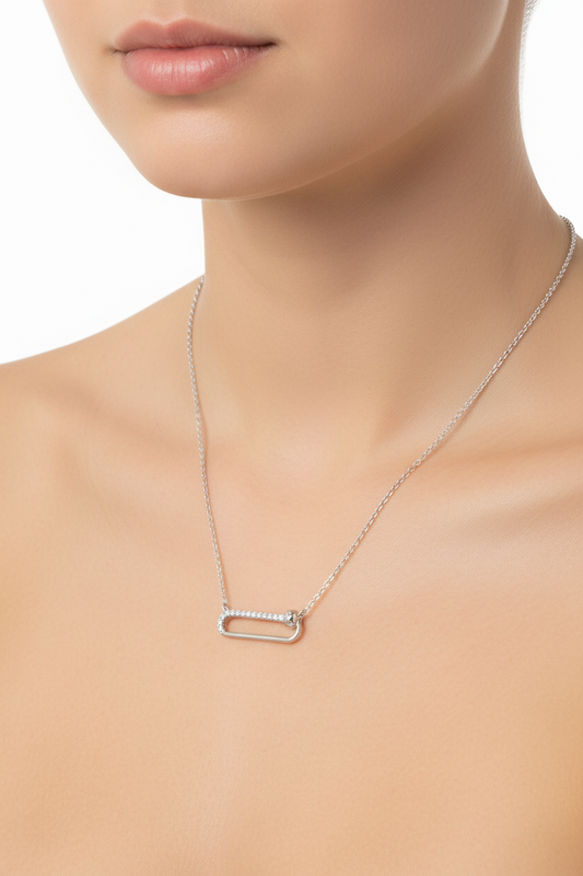 Rhodium Plated 925 Sterling Silver CZ Paperclip Necklace