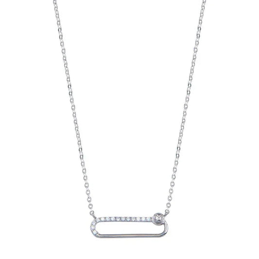 Rhodium Plated 925 Sterling Silver CZ Paperclip Necklace