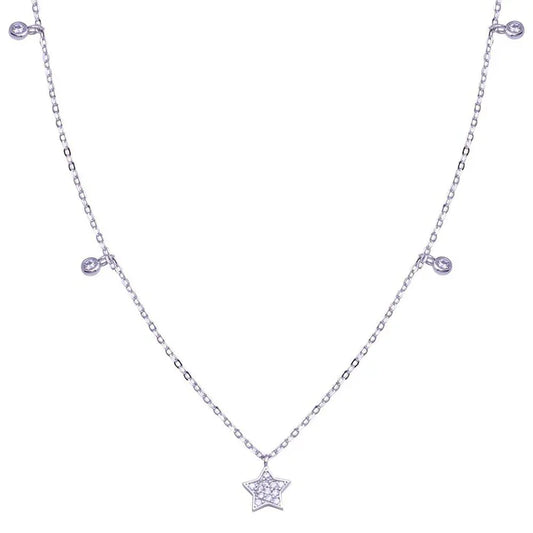 Rhodium Plated 925 Sterling Silver Star and Round CZ Necklace