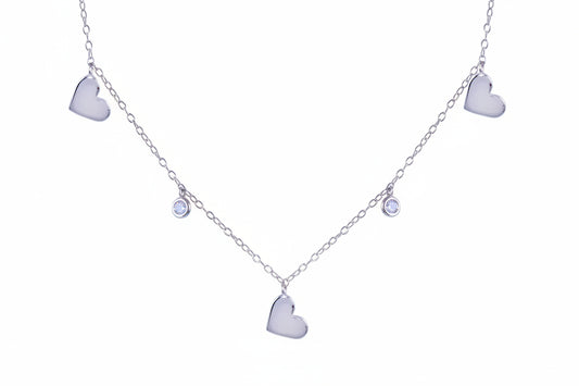 Rhodium Plated 925 Sterling Silver Dangling Heart Clear CZ Necklace