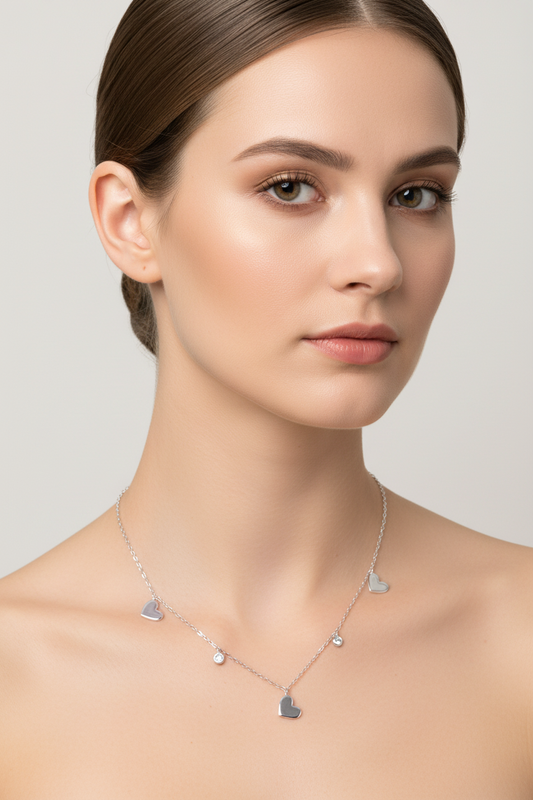 Rhodium Plated 925 Sterling Silver Dangling Heart Clear CZ Necklace