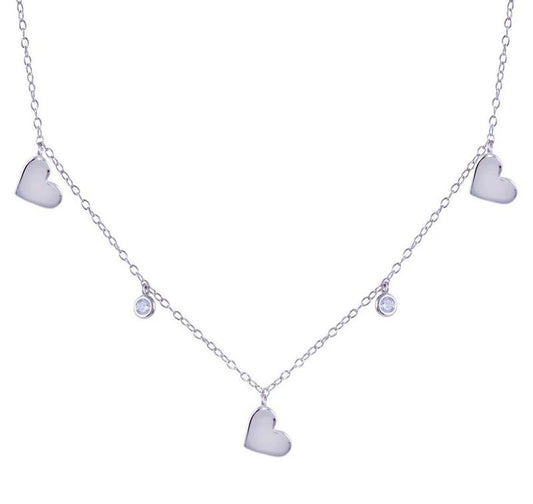 Rhodium Plated 925 Sterling Silver Dangling Heart Clear CZ Necklace