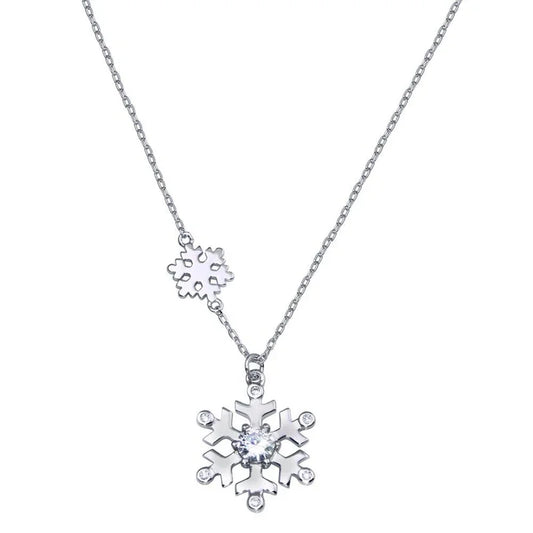 Sterling Silver Rhodium Plated Snow Flakes CZ Necklace, 925