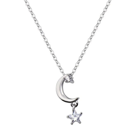 Rhodium Plated 925 Sterling Silver Moon and Clear CZ Star Pendant Adjustable Necklace