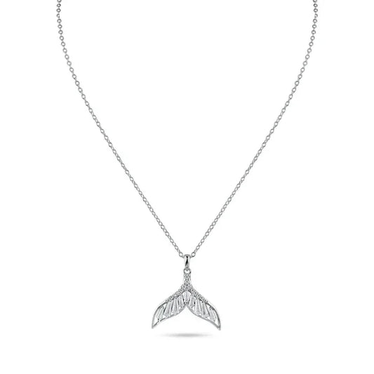 Rhodium Plated 925 Sterling Silver Whale Tail Clear Baguette CZ Necklace