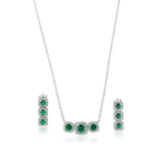 Sterling Silver Set of Necklace and Earrings with Green Cubic Zirconia
