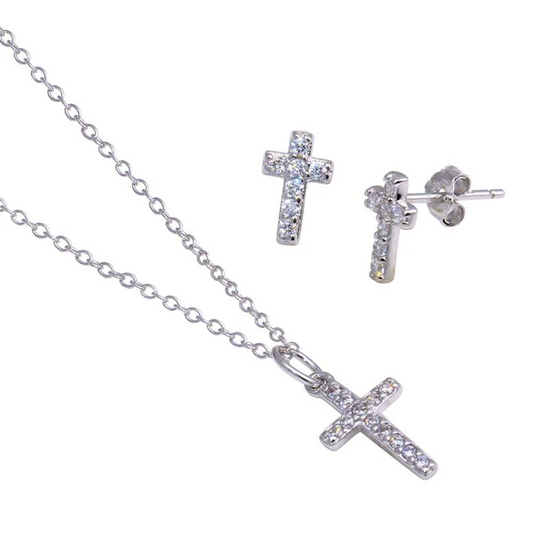 Sterling Silver Rhodium Plated Cross Necklace with Stud Earrings