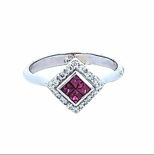 White Gold Halo Square Shape Invisible Setting Ruby and Diamond Ring. 18k 3.2gr. R:0.40ct TDW: 0.2ct