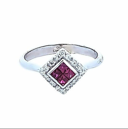 White Gold Halo Square Shape Invisible Setting Ruby and Diamond Ring. 18k 3.2gr. R:0.40ct TDW: 0.2ct