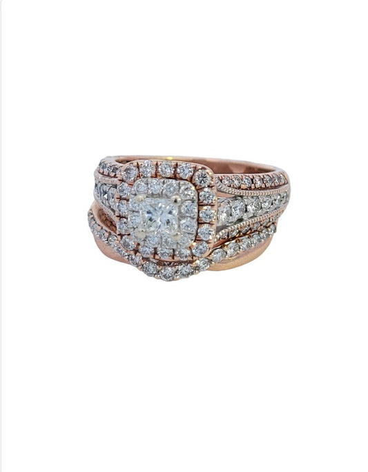 Two-tones Rose and White Gold Solitaire Diamond Ring Set. 14k, 8.4gr , TDW: 1.94ct